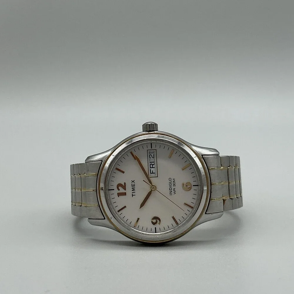 Timex Indiglo WR 30M Mens Watch 35mm White Dial Two Tone Bracelet New Battery